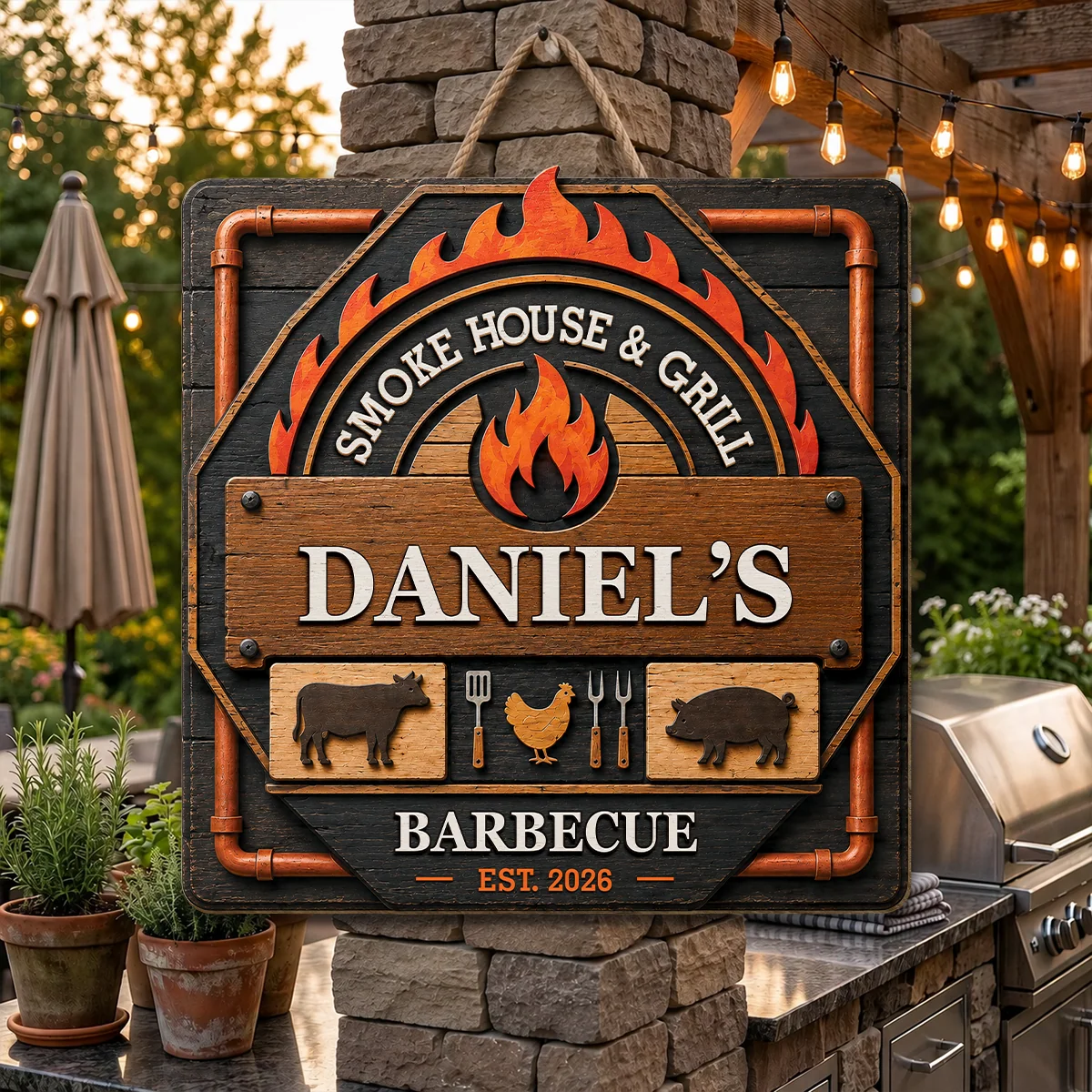 Grill & Chill Personalized BBQ Grill Wood Sign - Custom Backyard Patio Barbecue Gift for Dad, Grandpa