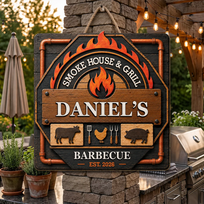 Grill & Chill Personalized BBQ Grill Wood Sign - Custom Backyard Patio Barbecue Gift for Dad, Grandpa