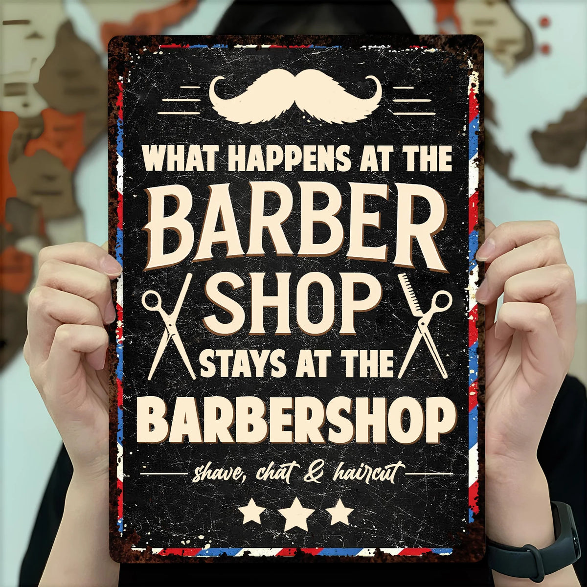"What Happens At The Barbershop Stays At The Barbershop" Metal Sign - Personalized Barber Decor