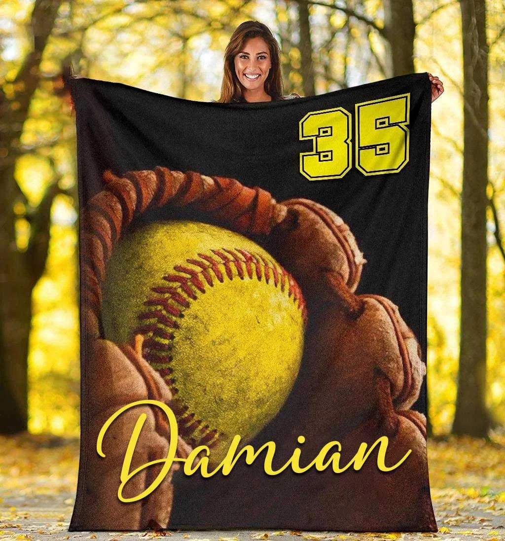 Custom Name & Number Baseball Blanket - Personalized Softball Throw Blanket for Kids