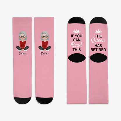 Personalized retirement socks printed with If You Can Read This The Queen Has Retired for retirees
