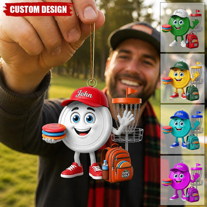 Cute Disc Golf Mascot Personalized Acrylic Ornament - Custom Player Holiday Keepsake Gift