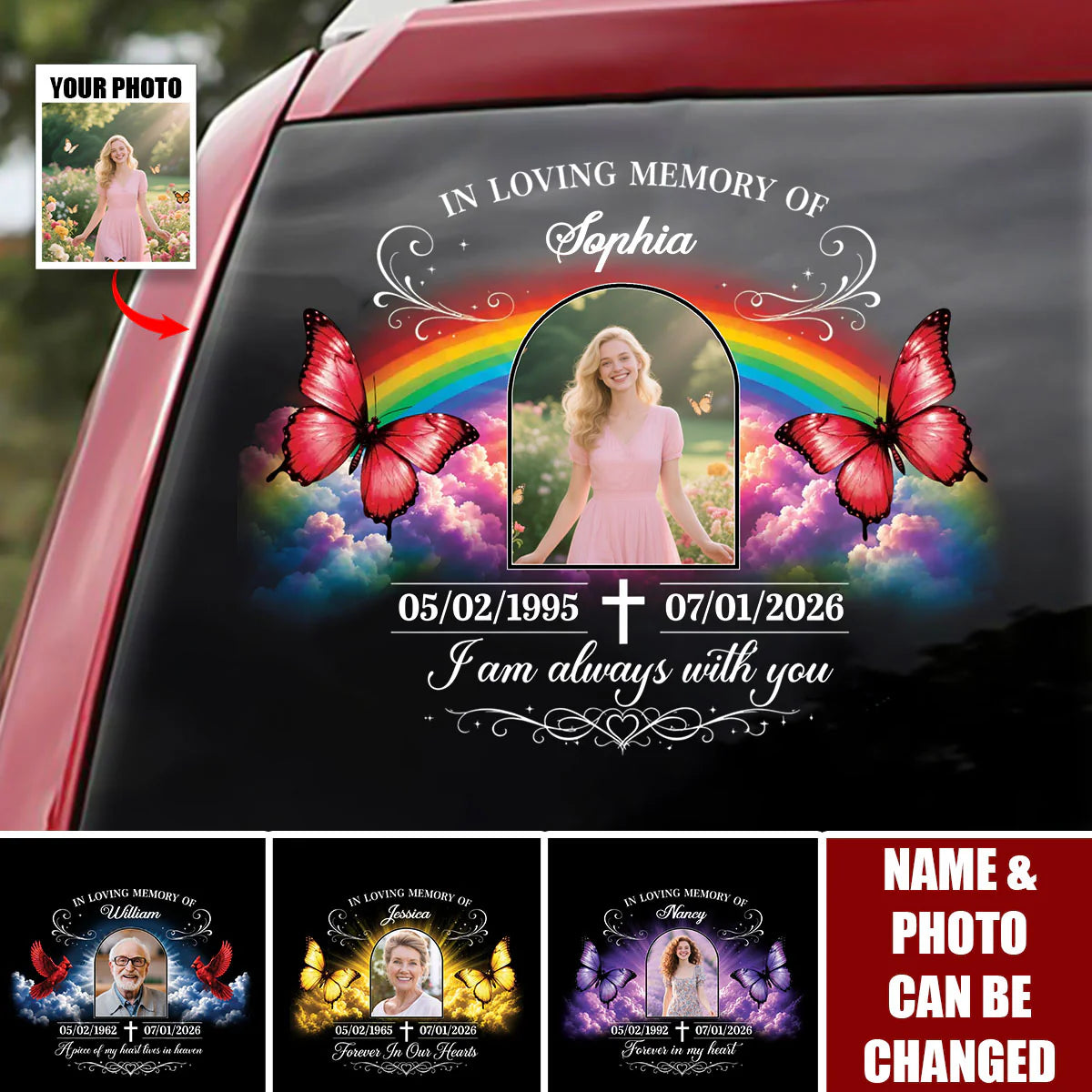 Personalized memorial car decal with custom photo, rainbow, and butterflies for sympathy gift