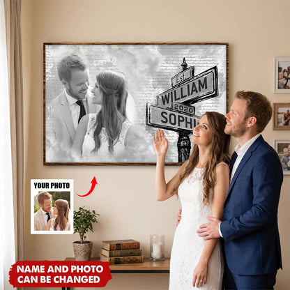Custom Photo Street Sign Couple Canvas / Poster - Personalized Anniversary Wedding Wall Art Gift