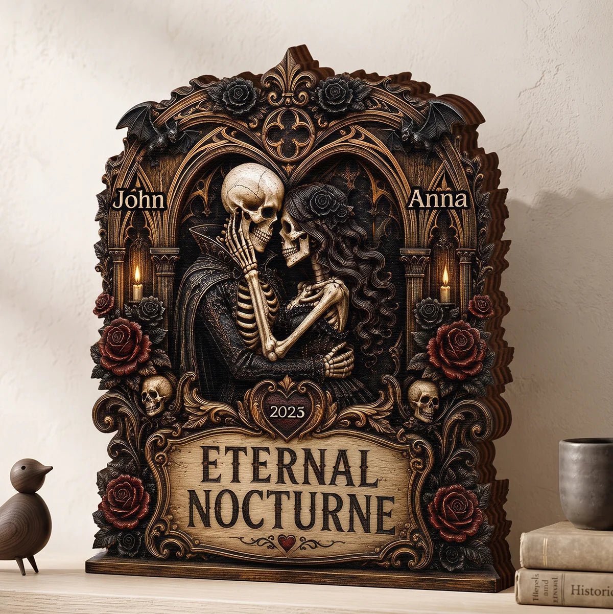 Eternal Nocturne Gothic Skeleton Couple - Personalized Wooden Block Gift