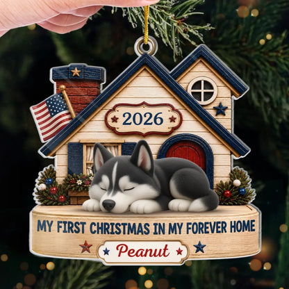 "First Christmas In Forever Home" Personalized Dog Ornament - Custom Acrylic Pet Gift