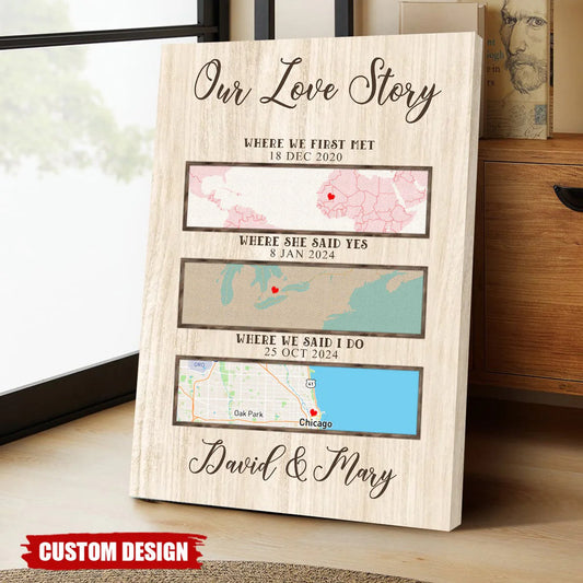 Custom relationship map canvas print showing three personalized milestone locations for a couples anniversary gift