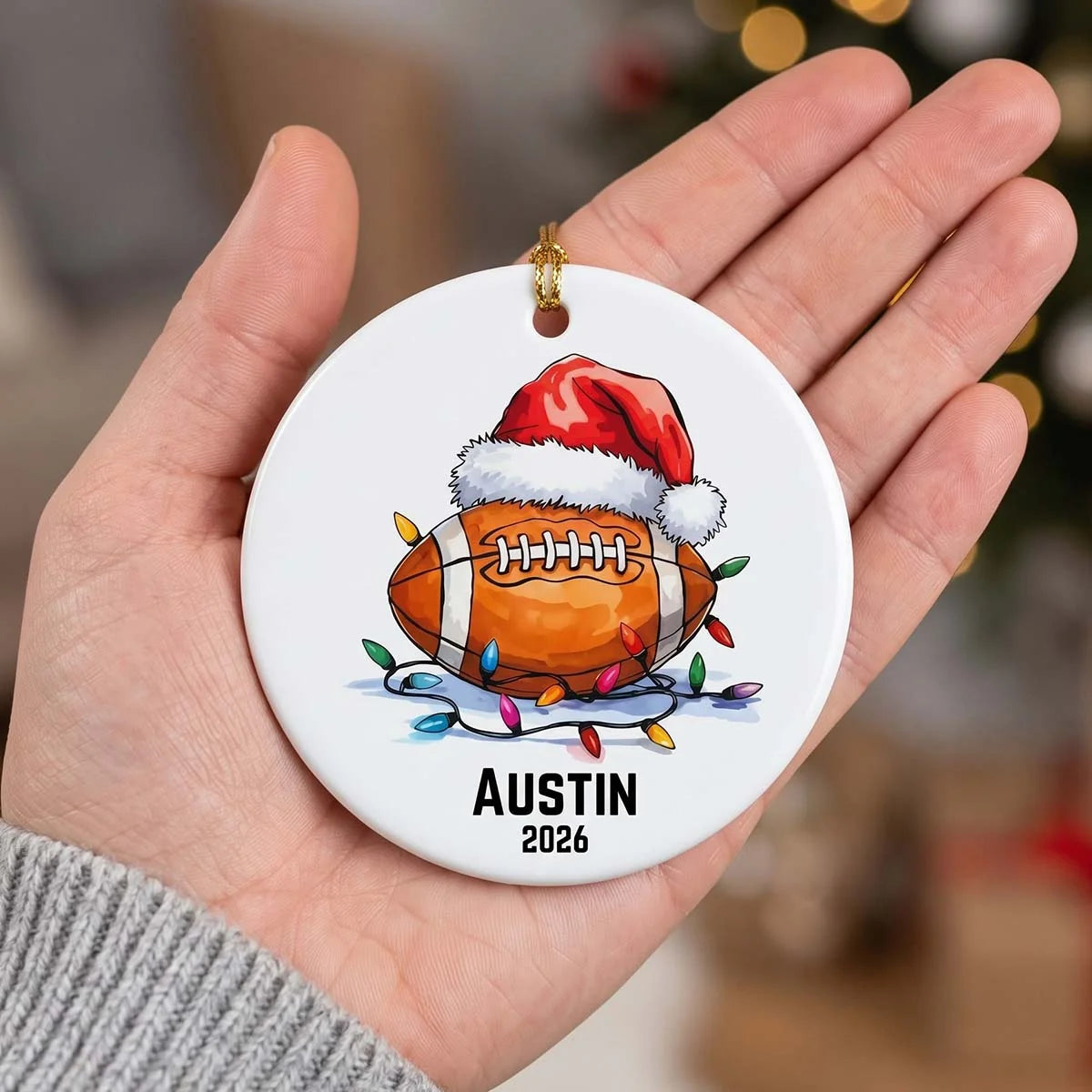 Personalized Football Ceramic Christmas Ornament - Custom Name & Year Sports Player Keepsake