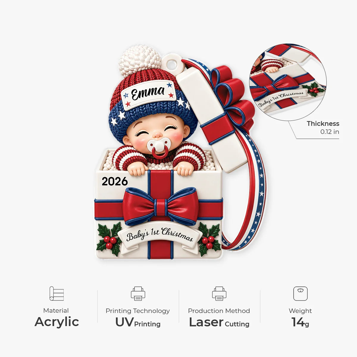 Baby's 1st Christmas Custom Gift Box Acrylic Ornament - Personalized Newborn Keepsake