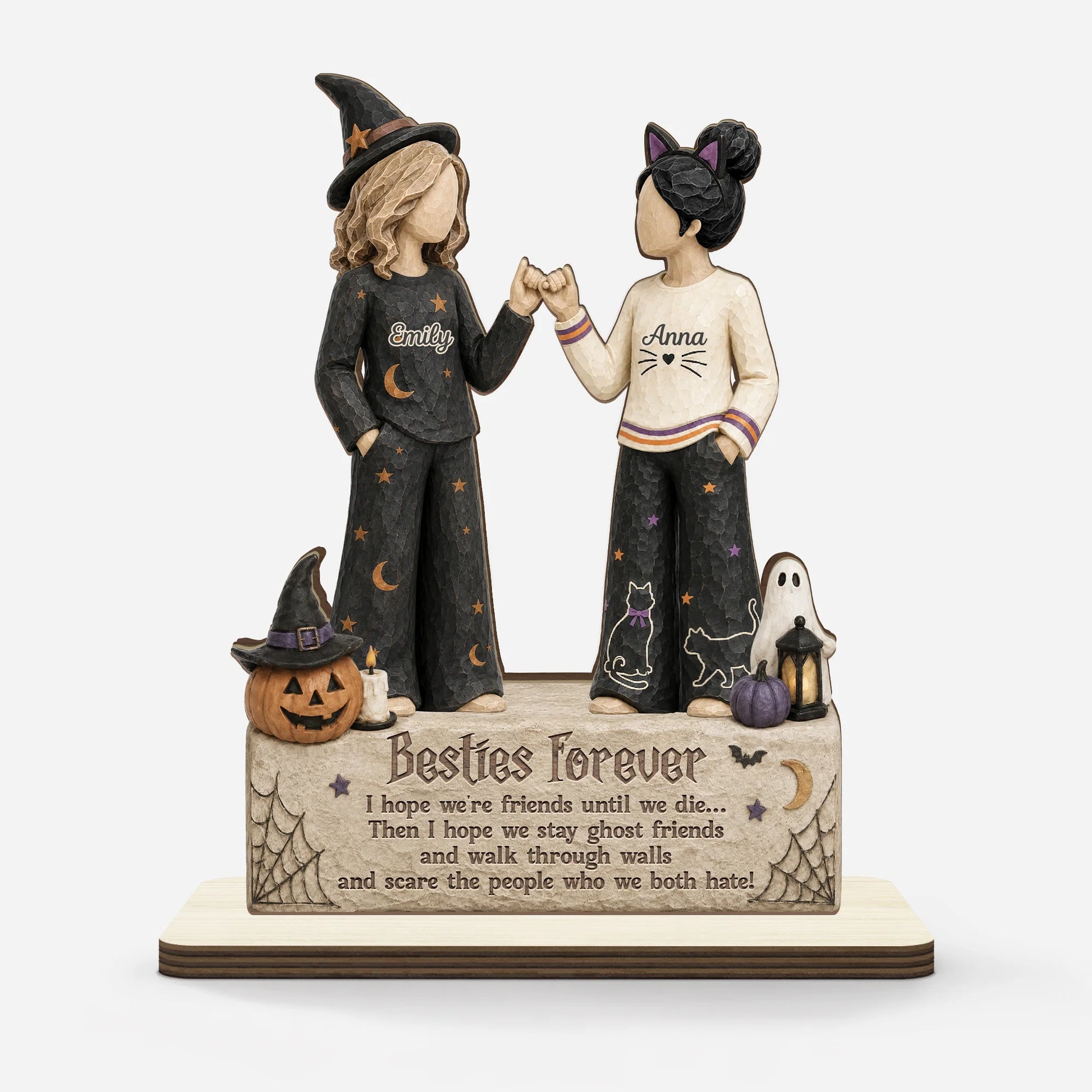 Personalized best friend halloween wooden plaque featuring 3D effect witch besties design with custom names
