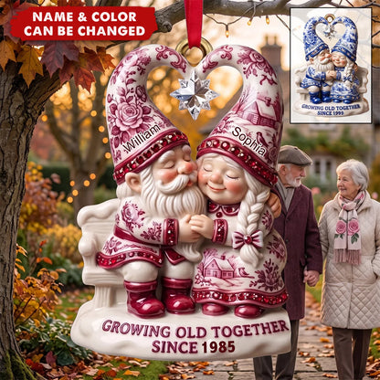 "Growing Old Together" Personalized Couple Ornament - Toile De Jouy Gnome Christmas Keepsake Gift