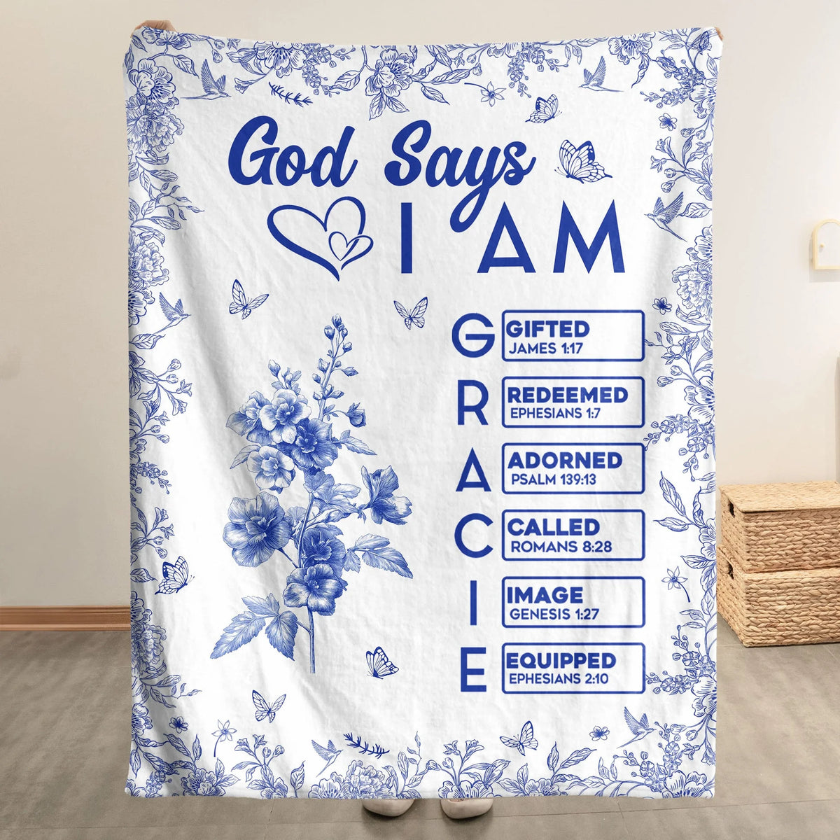 God Says I Am Personalized Blanket - Custom Name Bible Verse Toile Christian Gift