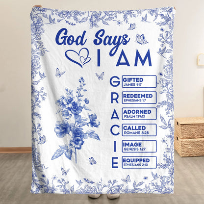 God Says I Am Personalized Blanket - Custom Name Bible Verse Toile Christian Gift