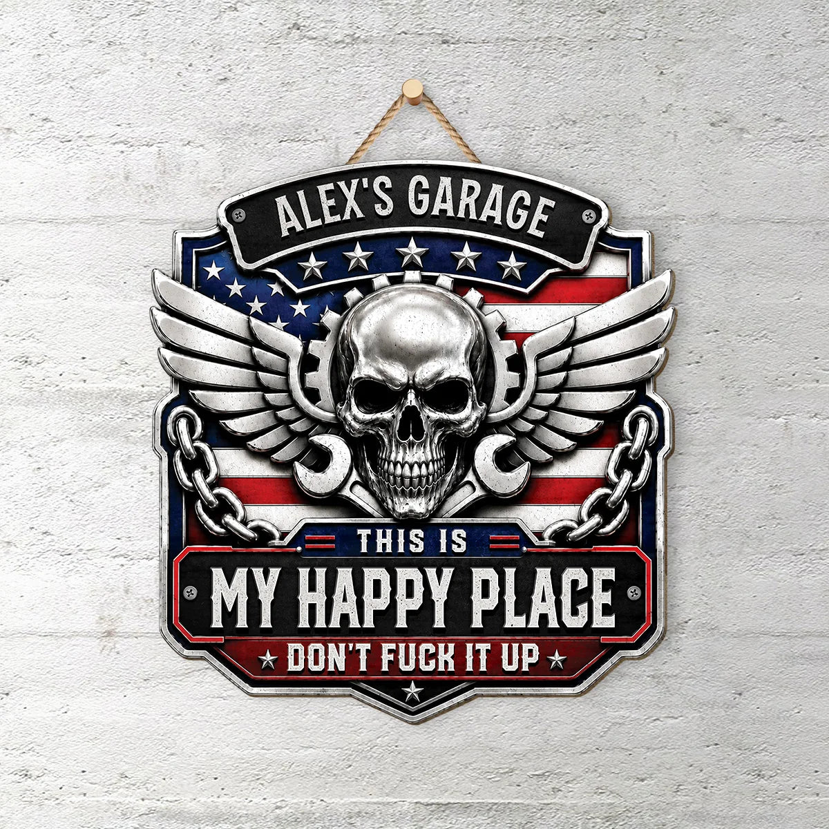 Personalized Garage Wood Sign - Custom This Is My Happy Place Skull Sign Gift for Mechanic