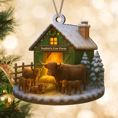 Custom Name Highland Cow Farm Wood Ornament - Personalized Farmhouse Christmas Tree Decoration and Holiday Keepsake Gift