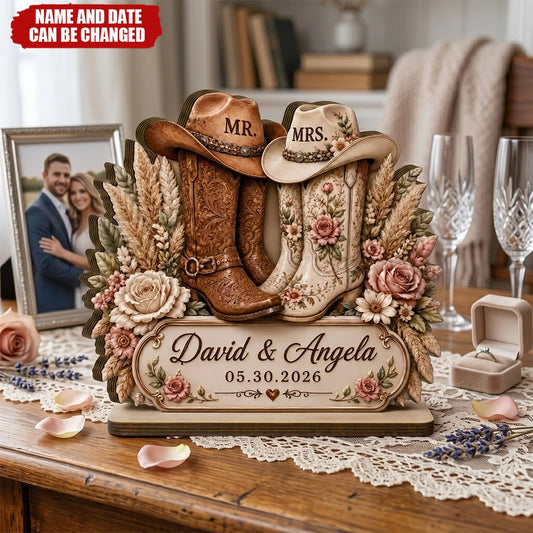 Rustic cowboy boots personalized wedding plaque with custom names and anniversary date for couples