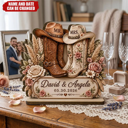 Rustic cowboy boots personalized wedding plaque with custom names and anniversary date for couples