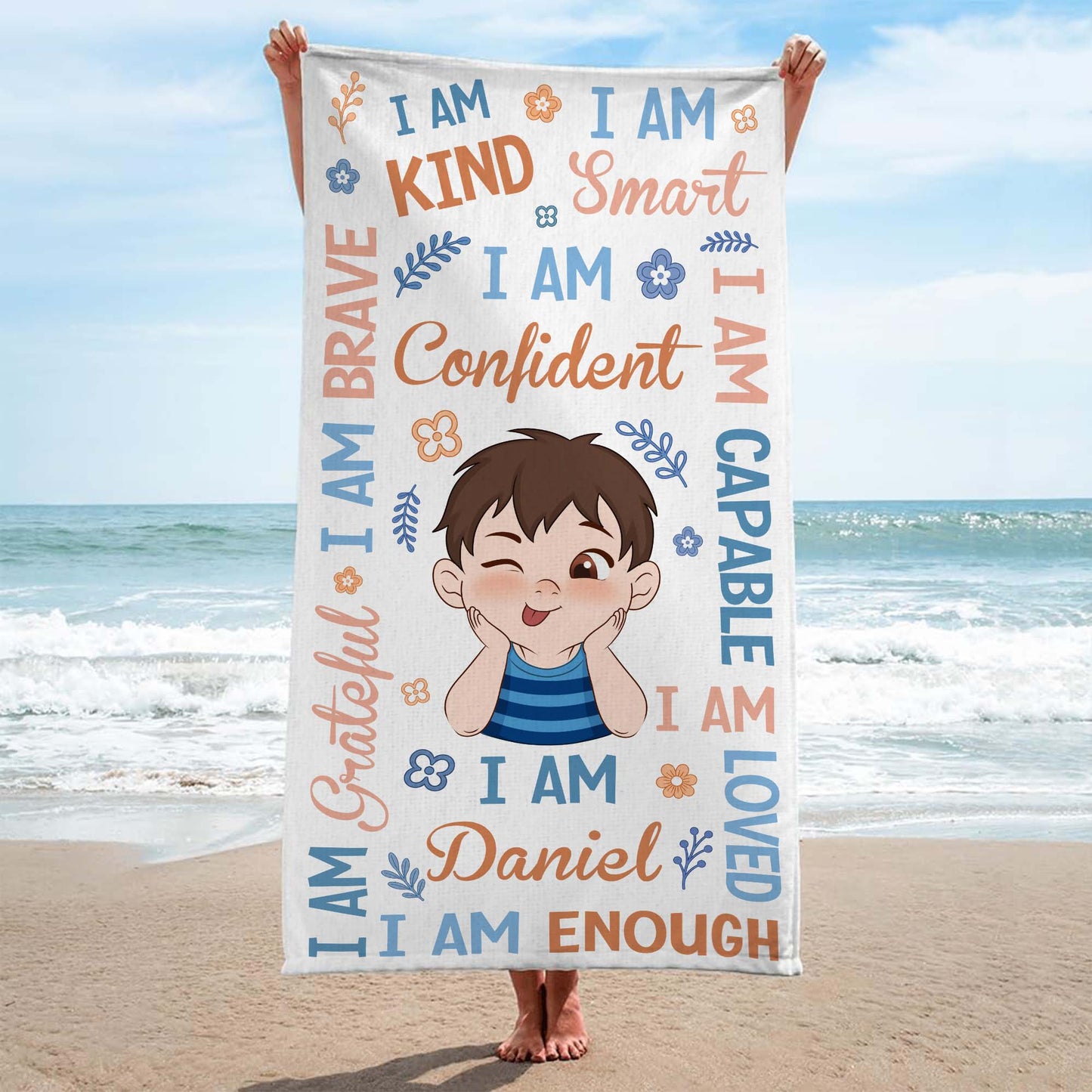 "I Am Kind Smart Confident" Personalized Kids Beach Towel - Custom Summer Gift for Girls and Boys