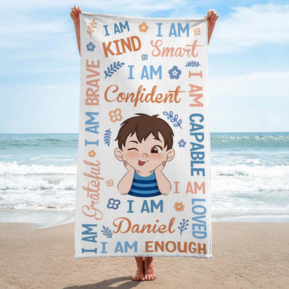 "I Am Kind Smart Confident" Personalized Kids Beach Towel - Custom Summer Gift for Girls and Boys