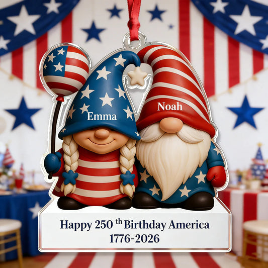 Custom patriotic gnome ornament with personalized names celebrating America's 250th birthday milestone