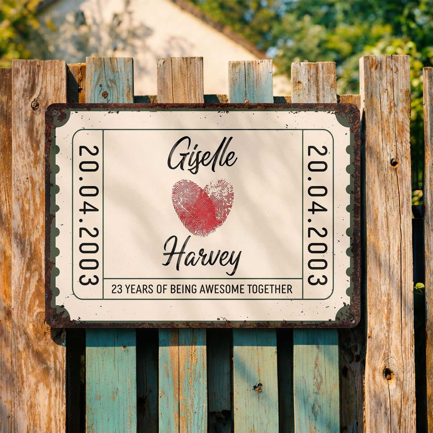 Personalized couple anniversary metal sign with fingerprint heart stamp design and custom date