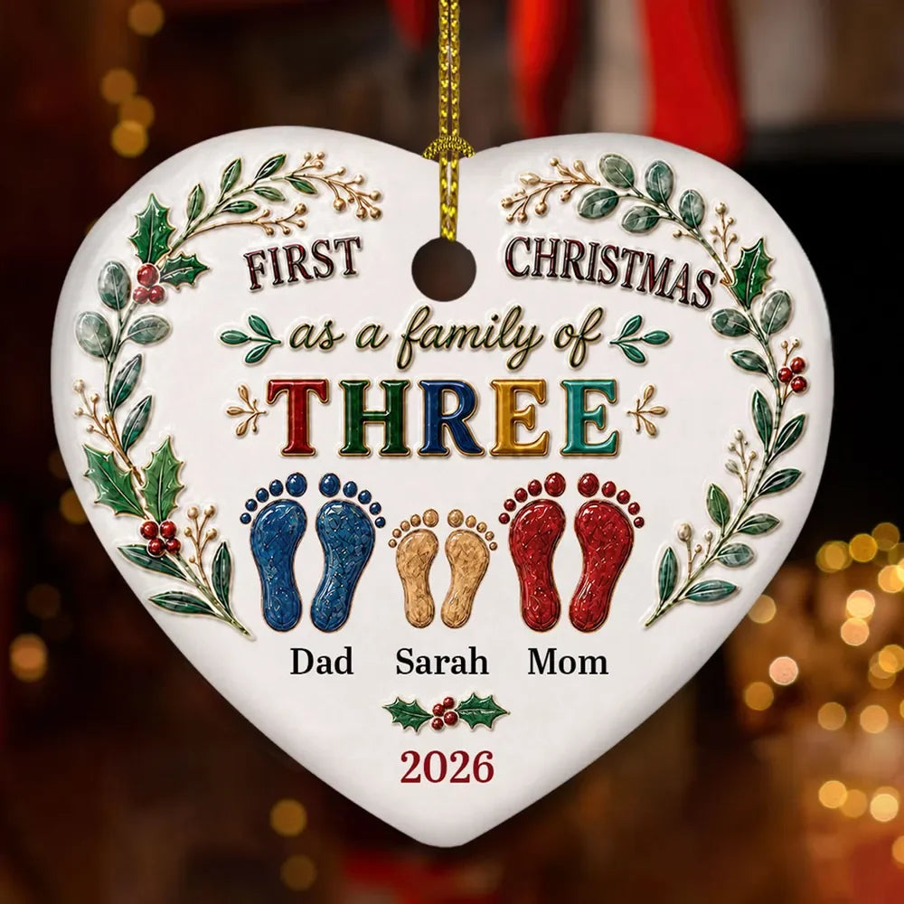 First Christmas as a Family of Three - Personalized Ceramic Heart Ornament Gift
