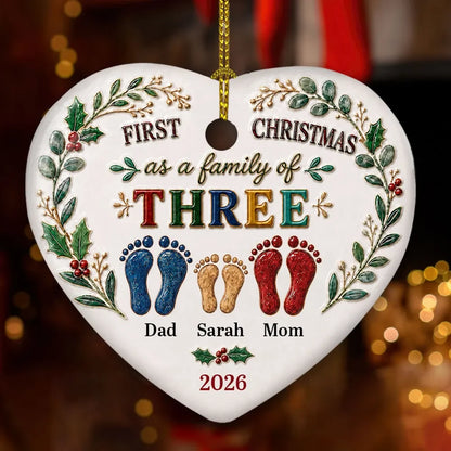 First Christmas as a Family of Three - Personalized Ceramic Heart Ornament Gift