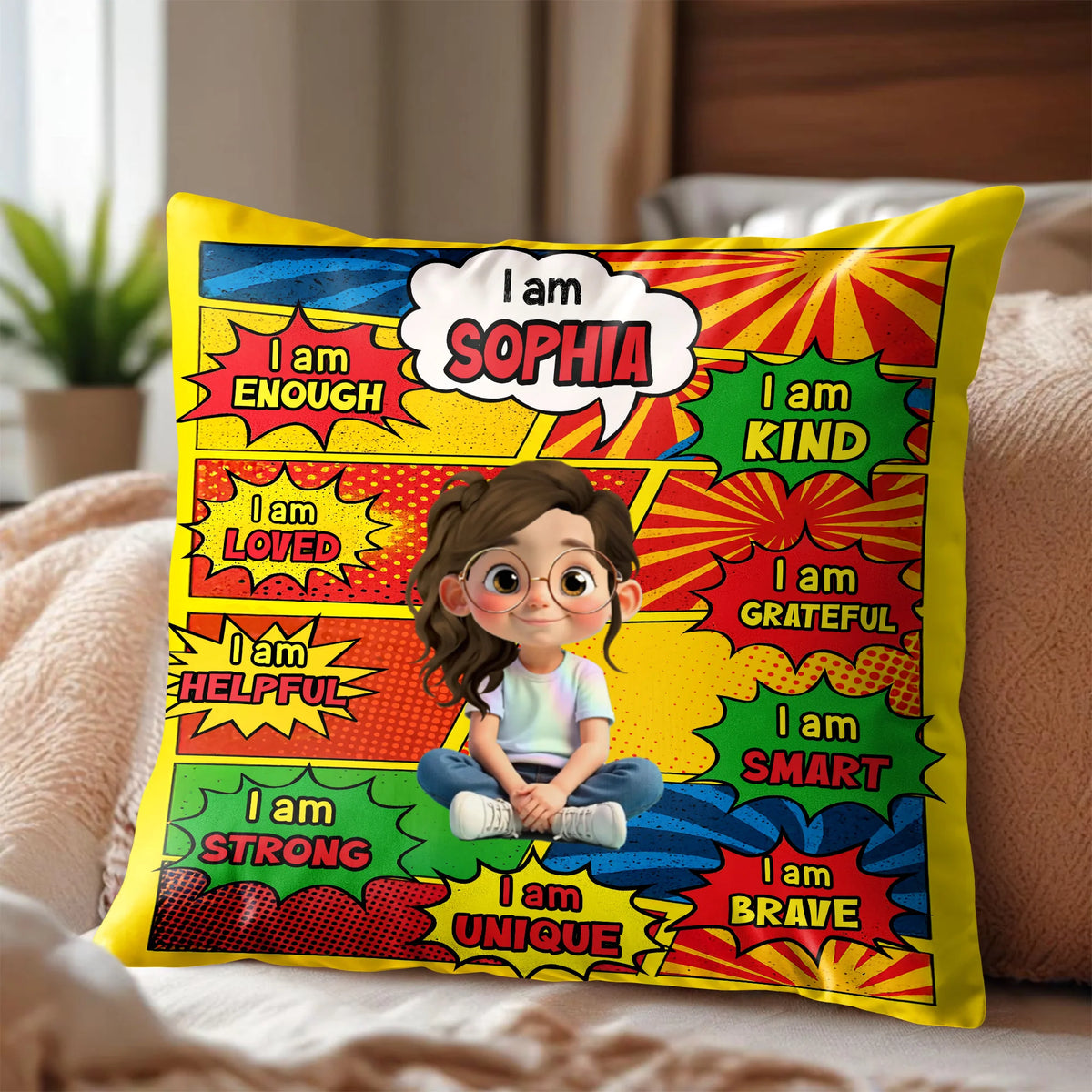 "I Am Enough Kind Loved" Custom Name Kids Affirmation Pillow - Personalized Birthday Gift for Daughter