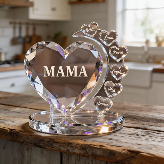 Personalized plaque for mom featuring a custom crystal heart acrylic design with children names