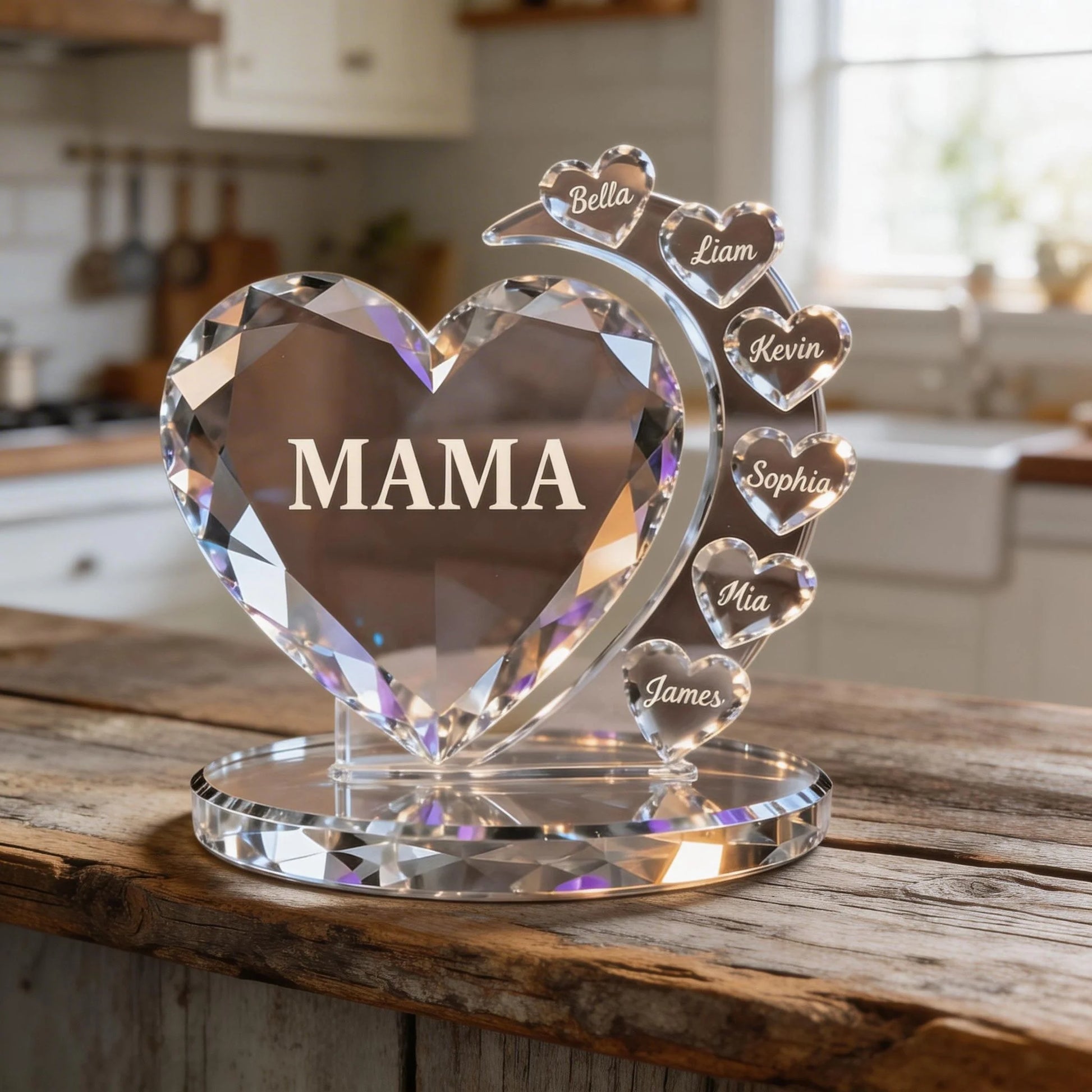 Personalized plaque for mom featuring a custom crystal heart acrylic design with children names