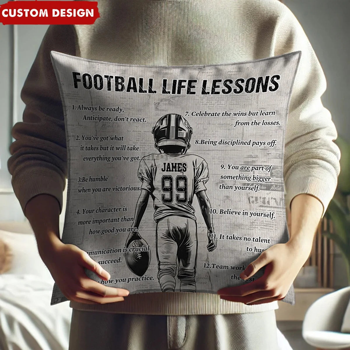 Football Life Lessons Personalized Pillow - Custom Name Number Throw Pillow Gift