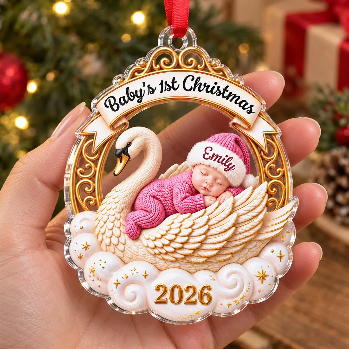 Baby's 1st Christmas Sleeping Swan Custom Acrylic Ornament - Personalized First Christmas Keepsake Gift for New Parents