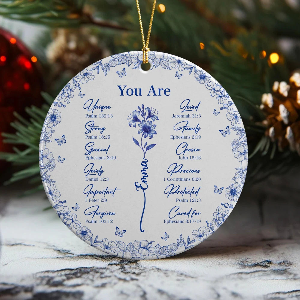 God Says You Are Personalized Ceramic Ornament - Custom Bible Verse Floral Keepsake