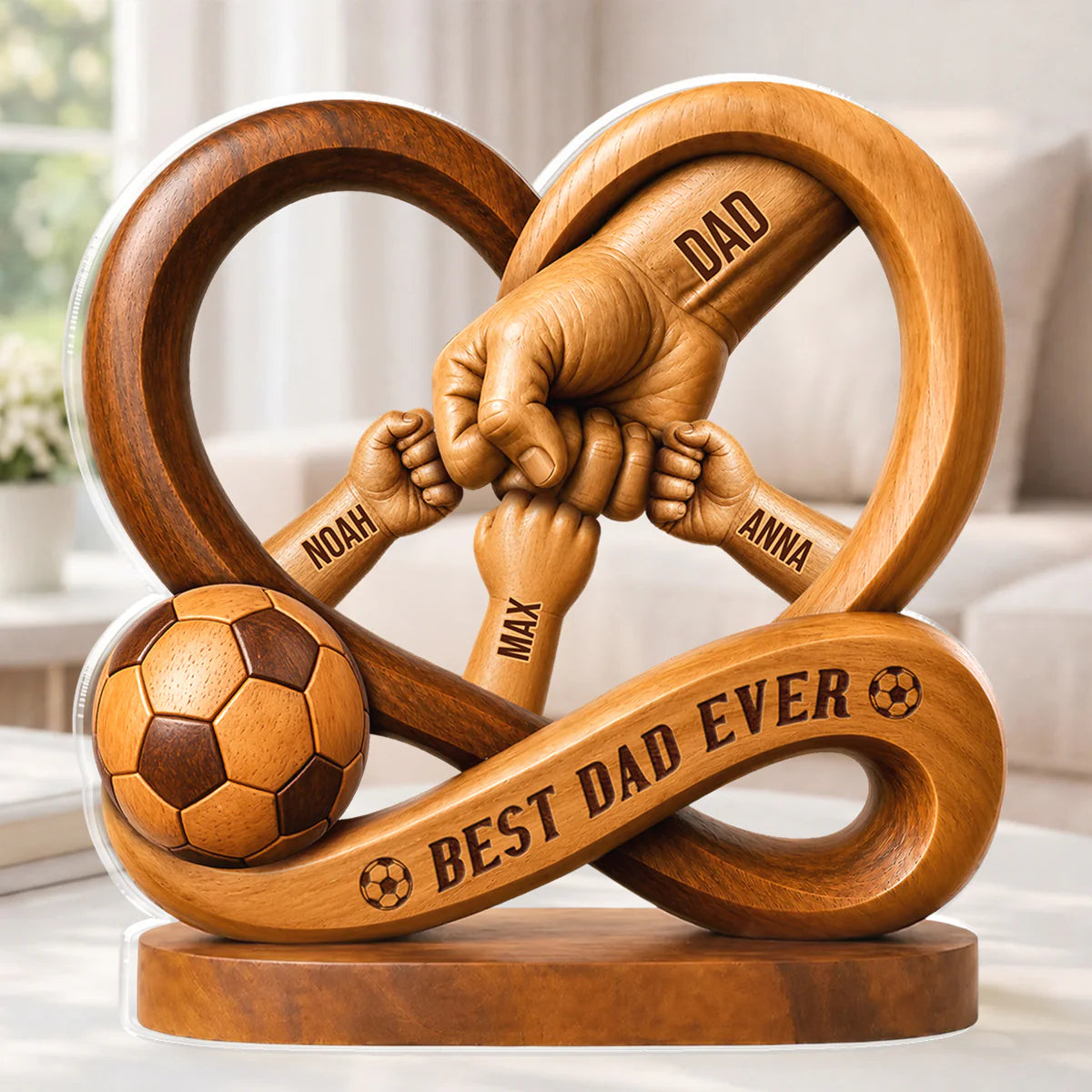 Custom soccer plaque for dad with personalized kids names and faux wood heart fist design