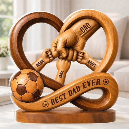 Custom soccer plaque for dad with personalized kids names and faux wood heart fist design