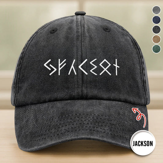 Personalized viking rune hat in black washed denim featuring custom name printed in ancient white Norse runes