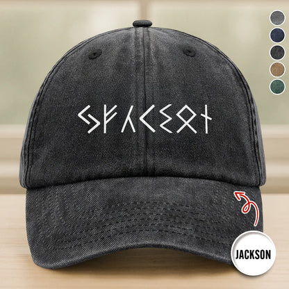 Personalized viking rune hat in black washed denim featuring custom name printed in ancient white Norse runes