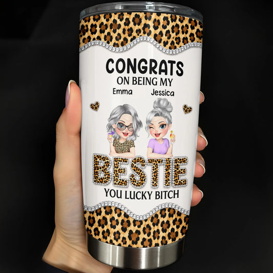 Personalized bestie tumbler with leopard print and funny quote for best friends