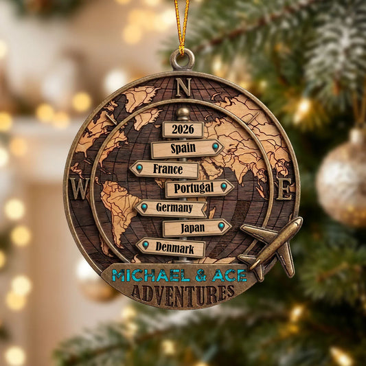Personalized Travel Wooden Ornament - Custom World Map Keepsake