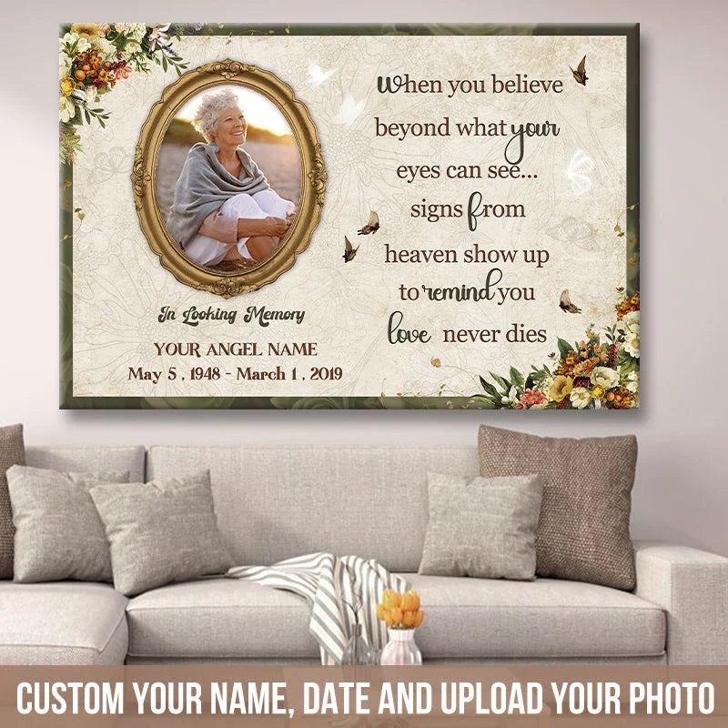Love Never Dies Signs From Heaven - Personalized Memorial Canvas / Poster Wall Art Keepsake
