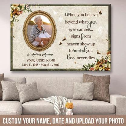 Love Never Dies Signs From Heaven - Personalized Memorial Canvas / Poster Wall Art Keepsake