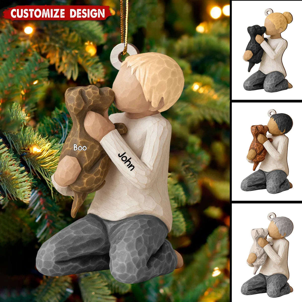 Boy and Girl Hugging Dog Personalized Wooden Christmas Ornament - Custom Keepsake Gift for Dog Lovers
