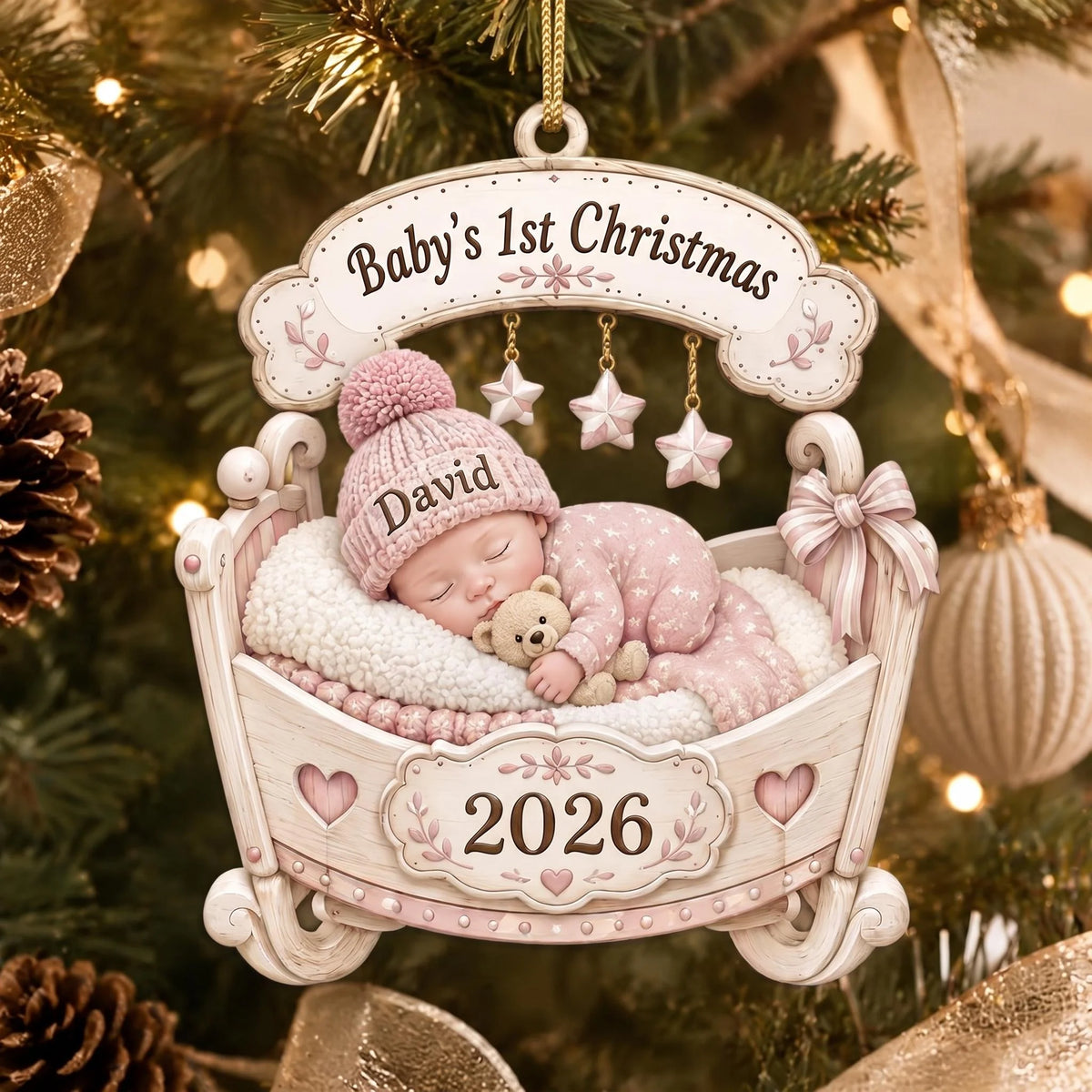 Baby's 1st Christmas Personalized Sleeping Baby in Cradle Ornament - Custom Keepsake Gift for Parents