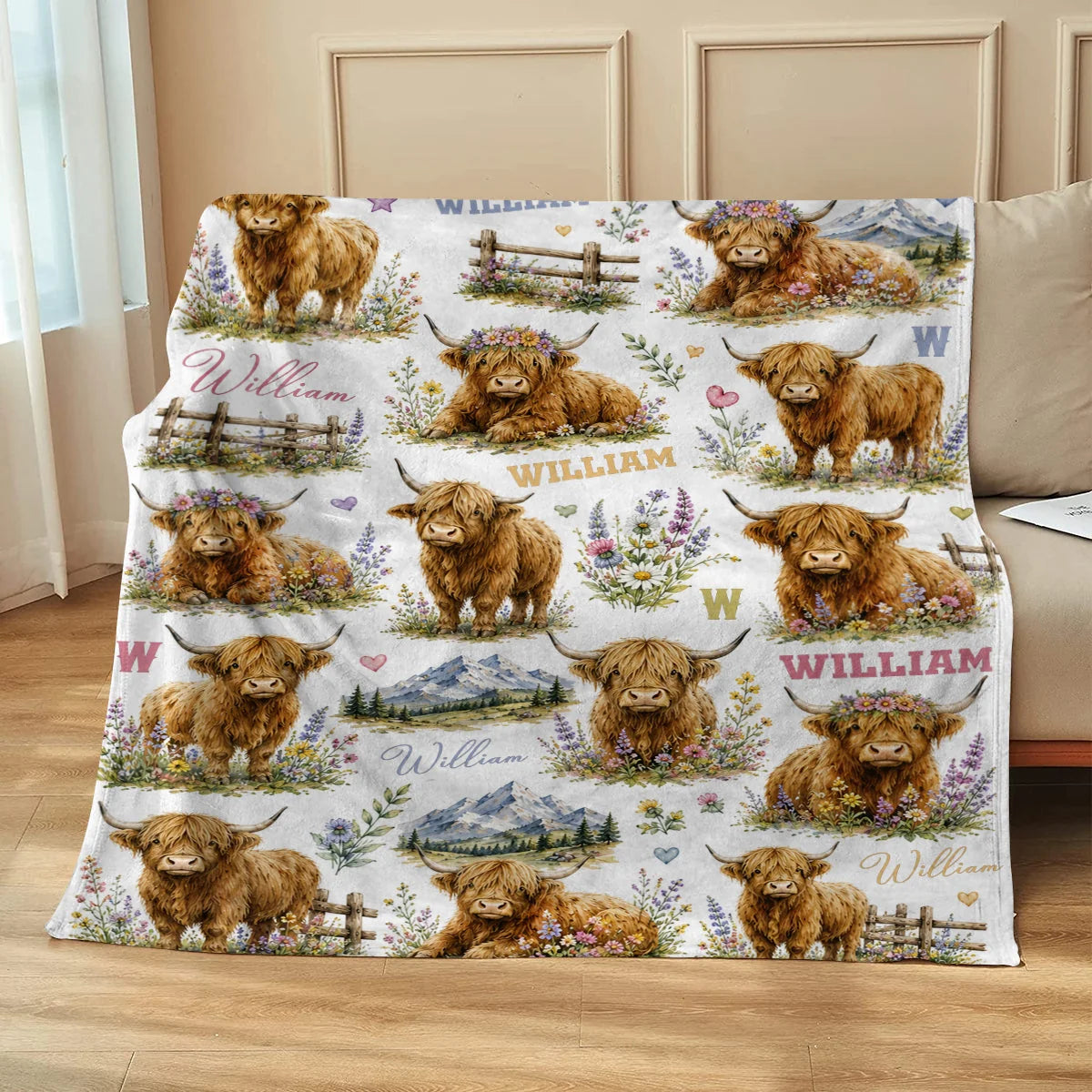 Personalized Highland Cow Baby Blanket personalization view for Kids/Babies