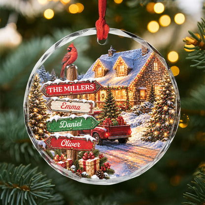 Custom Family Names Christmas Signpost Glass Ornament - Personalized Holiday Keepsake Gift