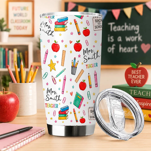 Personalized custom teacher tumbler with vibrant school supplies design - perfect back to school gift for educators
