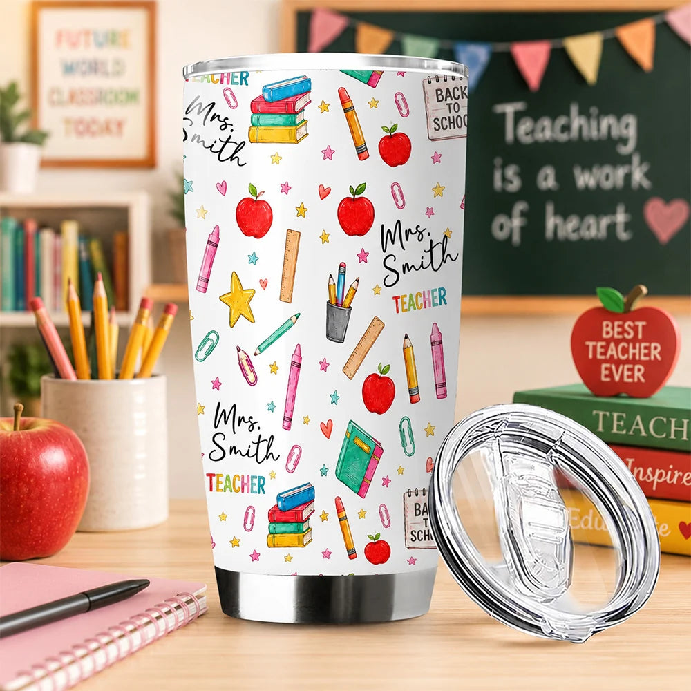 Personalized custom teacher tumbler with vibrant school supplies design - perfect back to school gift for educators