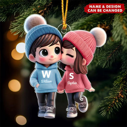 Cute Cartoon Couple Personalized Acrylic Christmas Ornament - Custom Keepsake Gift for Boyfriend Girlfriend