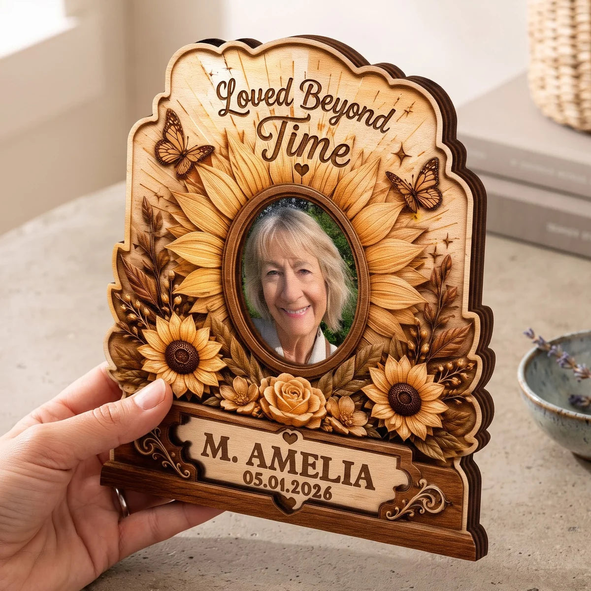"Loved Beyond Time" Personalized Photo Wooden Block - Custom Memorial Keepsake Gift for Loss of Loved One
