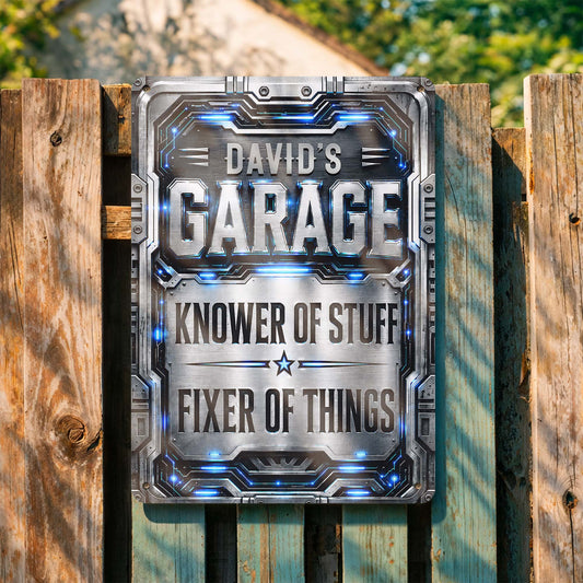 Personalized garage metal sign featuring Knower of Stuff Fixer of Things for dad's man cave wall decor
